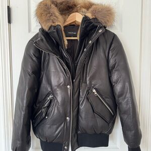 Black Leather Men's Mackage Jacket with Fur Hood
